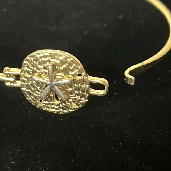 Gold Tone and Silver Hammered Sand Dollar Hook Bangle Bracelet - Picture 3 of 5